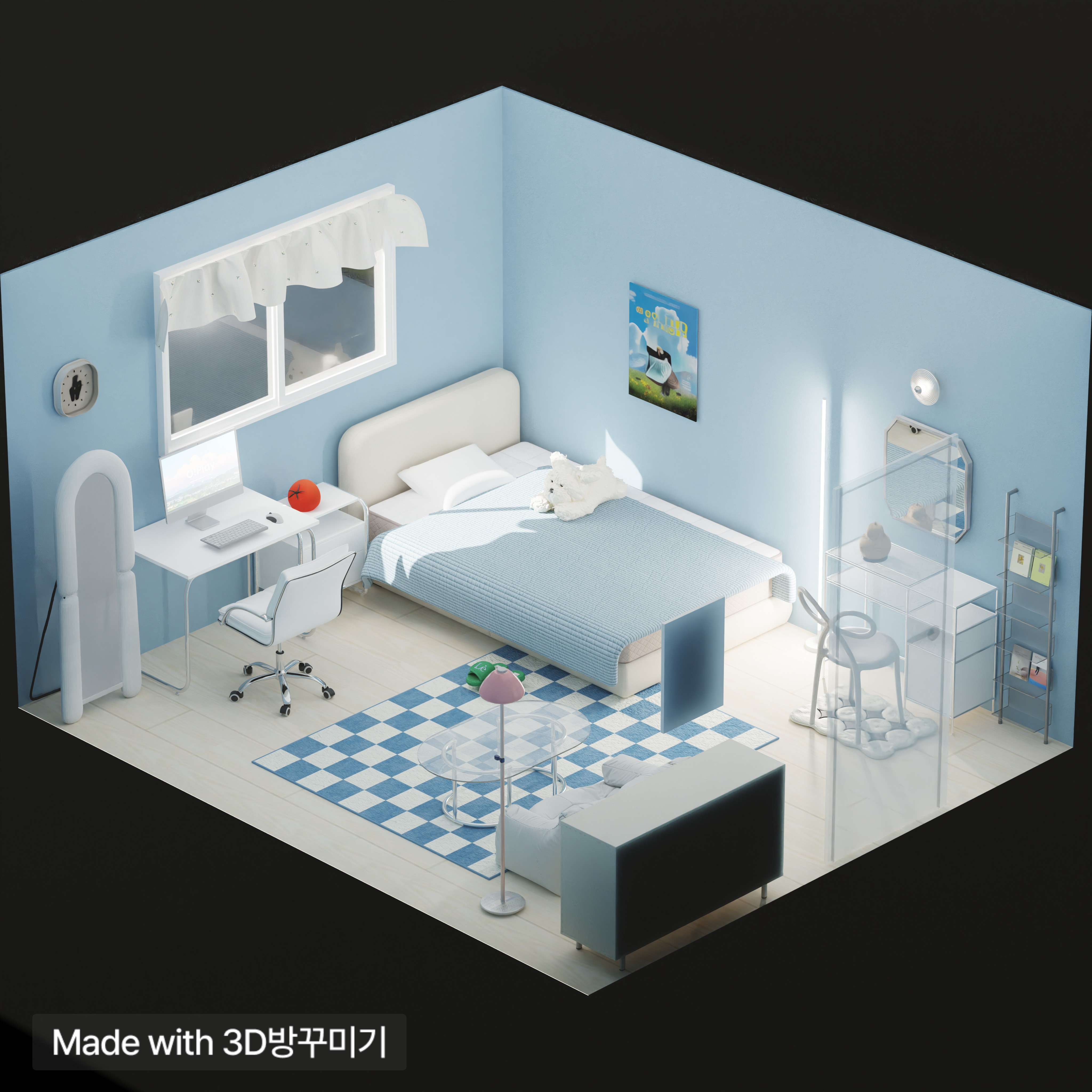 🛏 正方形の小さな寝室空間を最大限に活用したインテリアです。

🩵床に水色の壁紙を利用して明るい雰囲気の空間を作り、ブルートンの寝具とホワイトトンの家具を使って統一感を与えました。

🍅 ここにトマトの照明、ポイントラグ、色の室内化などを使って若々しさを加え、空間に生気を吹き込みました。

また、窓と扉の位置を考慮してベッドを窓に灯し、机は窓を眺めるように置き、ドアの両側には化粧台と空白を利用した休憩空間を置き、寝室空間を居心地よく実用的に飾りました。

私の部屋に似ているように、より良い空間です。
今日の家の製品を使ってこんなにきれいで綺麗に飾れたらいいですね😚
 #3D Room Decorating #10평미만 #Furniture Arrangement #Interior #Pocket Room #Room Decorating #3D Mobile