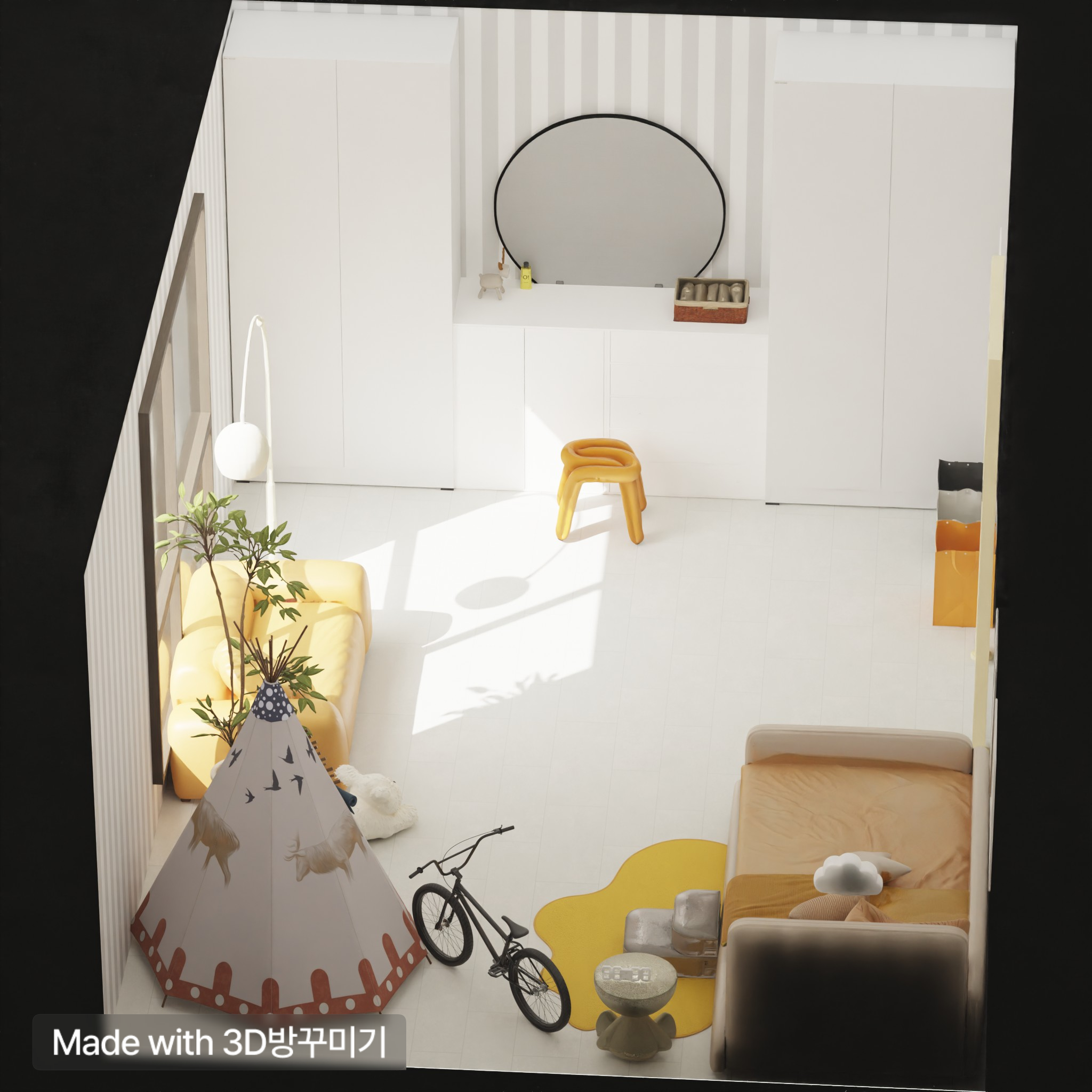 Baby boy room🍯✨💫
——-🍯

ソファの隣に子供たちのおとぎ話本を置くことができるきれいな棚と、赤ちゃんの絵が入ったラグを必ず置きたかったのに、お気に入りの製品が見つかりませんでした🥹
そして私の家にはすでに雰囲気のある勉強部屋が別にあって、机はわざわざ入れませんでした！
私が作ったデザインが好きならコメントで教えてください☺️

 #3D Room Decorating #10평미만 #Furniture Arrangement #Interior #Pocket Room #Room Decorating #3D Mobile