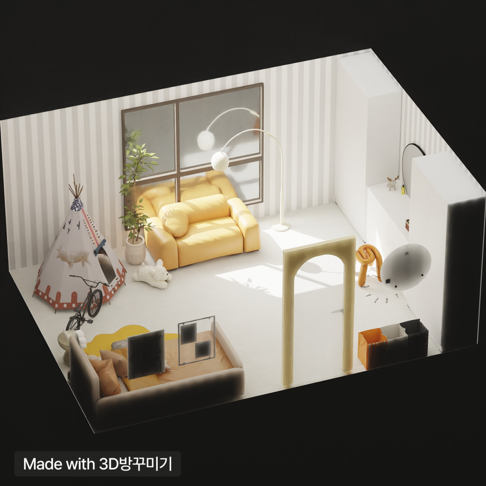 Baby boy room🍯✨💫
——🍯
ソファの隣に子供たちのおとぎ話本を置くことができるきれいな棚と、赤ちゃんの絵が入ったラグを必ず置きたかったのに、お気に入りの製品が見つかりませんでした🥹
そして私の家にはすでに雰囲気のある勉強部屋が別にあって、机はわざわざ入れませんでした！
私が作ったデザインが好きならコメントで教えてください☺️

 #3D Room Decorating #10평미만 #Furniture Arrangement #Interior #Pocket Room #Room Decorating #3D Mobile